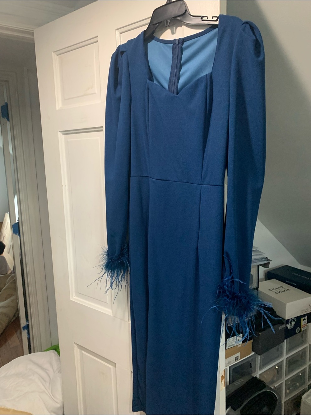 Elegant Long-Sleeve Feather Cuff Midi Dress in Deep Blue